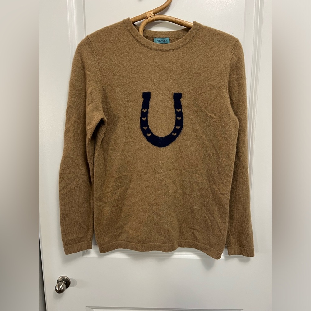 Two Bees Cashmere Tan and Blue Lucky Horseshoe Sweater Women’s S